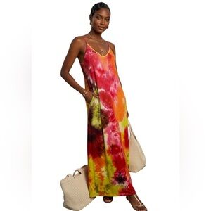 Tie-Dye V-Neck Maxi Dress in Red, Orange & Green
